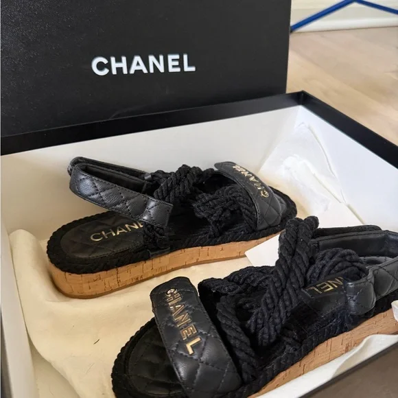 CHANEL Black Quilted Rope Sandals with Gold Logo - Picture 9 of 9